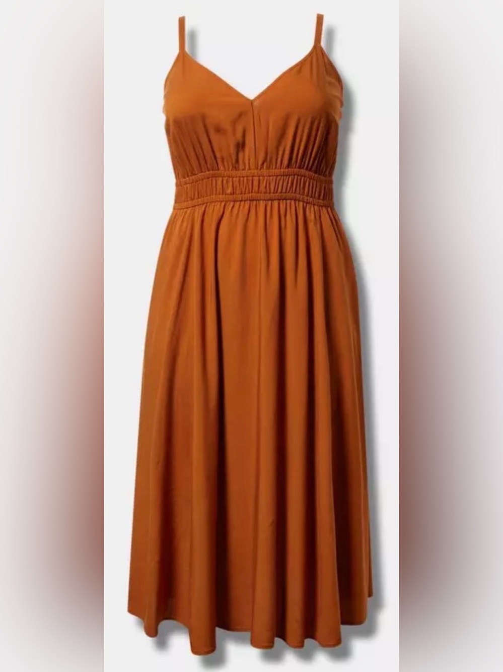 #1702q - Torrid Midi Washable Challis V-Neck Dress, Caramel Cafe Orange Brown